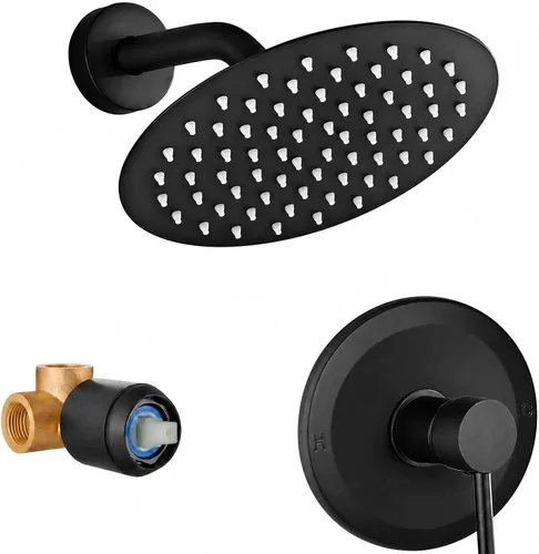 Vista 16 de Juego de llave de ducha HUCKLE con cabezal de ducha, llave de ducha negra de 15 cm con válvula, cabezal de ducha de lluvia de mango único negro mate