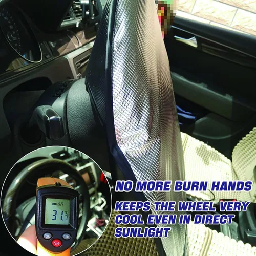 Vista 5 de Funda para volante, protector solar mejorado de 3 capas para protección contra el calor, se adapta a la mayoría de autos, SUV, camionetas, protector