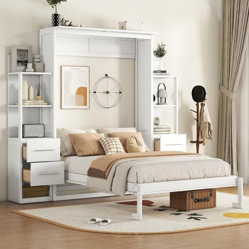 Vista 15 de Cama Murphy de tamaño matrimonial con armario de almacenamiento, ropa y 3 Blanco