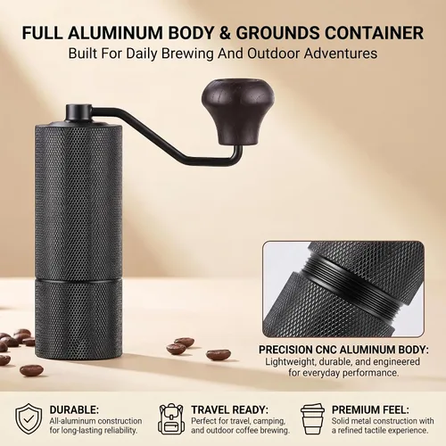 Vista 3 de Molinillo de café manual con rebaba cónica de acero inoxidable CNC, cuerpo de aluminio, mango de madera maciza, molinillo de mano ajustable portátil