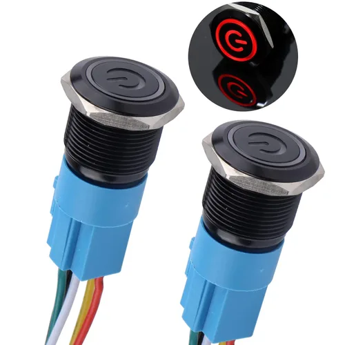 Vista 9 de 2 piezas interruptor de botón pulsador con pestillo de 16mm, 12V-24V, encendido/apagado, 1NO 1NC, impermeable IP66, carcasa de metal negro