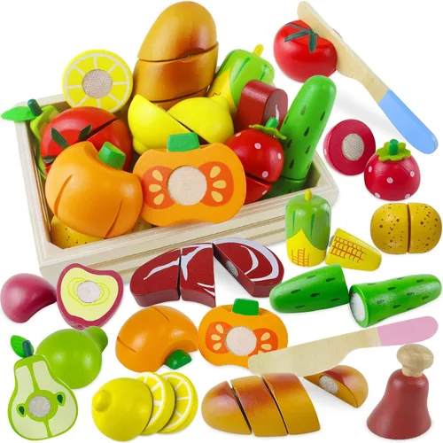Vista 9 de Juegos de comida de madera para niños, juguetes de regalo de cumpleaños Veggie