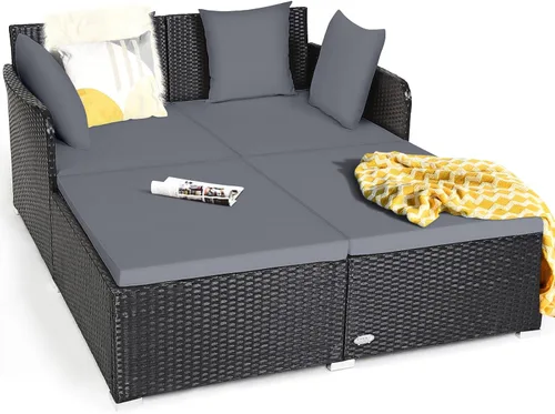 Vista 10 de HAPPYGRILL Sofá cama de ratán para exteriores, juego de sofá cama para patio con cojín y almohadas, pie de aluminio resistente, muebles de mimbre