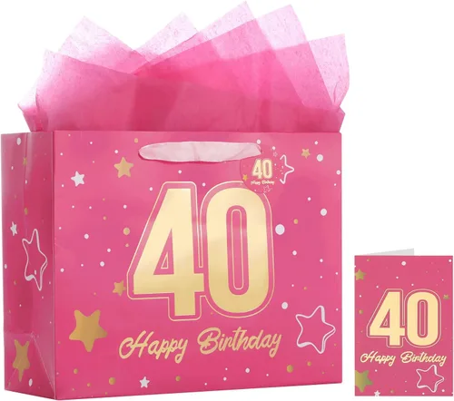 Vista 15 de Powbrace Bolsa de regalo de cumpleaños número 30 negra de 13 pulgadas con papel de seda y tarjeta de felicitación para fiestas, bolsa de regalo