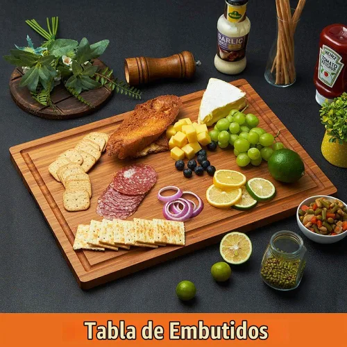 Vista 3 de Tabla de cortar de madera de bambú para cocina, bloque grande de 18 pulgadas para cortar embutidos de queso con asas laterales y ranuras para jugos