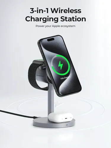 Vista 2 de MagFusion - Estación de carga 3 en 1 compatible con MagSafe, soporte de cargador inalámbrico magnético de 15 W, certificado Qi2, para iPhone