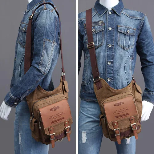 Vista 7 de Bolso de mensajero de lona vintage para hombre, bolso de mensajero de retazos de cuero en el pecho