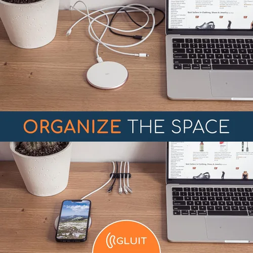 Vista 5 de GLUIT Organizador de cables para soporte de cables de escritorio para mesita de noche, organizador de cargador adhesivo de escritorio versátil clips