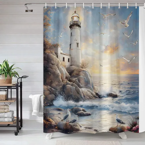 Vista 3 de Cortina de ducha con diseño de faro náutico, paisaje retro, costa, roca, gaviota, tropical, hawaiano, escena de poliéster, decoración de baño, 36 x