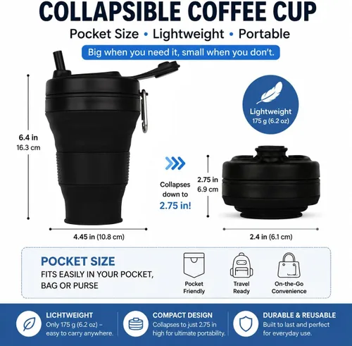 Vista 3 de Taza de Café de Silicona con Pajita y Tapa, Tazas Plegables para Viajar, 20oz, Taza de Agua Plegable Ligera para Picnic, Senderismo, Camping, Negro