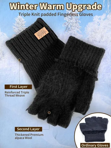 Vista 2 de Guantes de invierno sin dedos para mujeres y hombres, cálidos de lana de alpaca de punto elástico, para clima frío, guantes de medio dedo