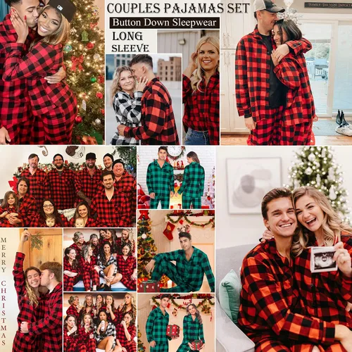Vista 6 de Sexqero Conjunto de pijama familiar de Navidad a juego para parejas, ropa de dormir con botones y manga larga, a cuadros, conjunto de descanso S-XXL