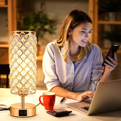 Vista 5 de Lámpara de mesa de cristal, lámpara dorada para dormitorio con puertos de carga USB-C y USB-A, luz regulable de 3 vías con pantalla de cristal