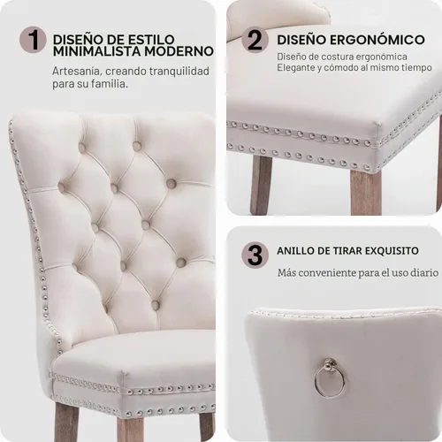 Vista 8 de SoarFlash Juego de 2 sillas de comedor de terciopelo, silla lateral de respaldo alto, silla lateral moderna tapizada de alta gama con botones Beige