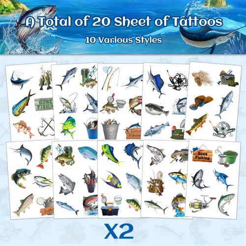 Vista 2 de 20 hojas (120 piezas) de tatuajes temporales de peces desaparecidos de pesca, recuerdo de fiesta para fiesta de cumpleaños, decoración de fiesta