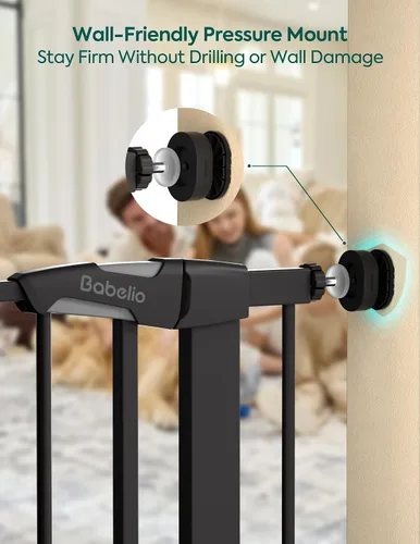 Vista 6 de Babelio - Puerta de seguridad con cierre automático para bebés con puerta para gatos, puerta de metal de 73-109 cm para puertas, escaleras, casa