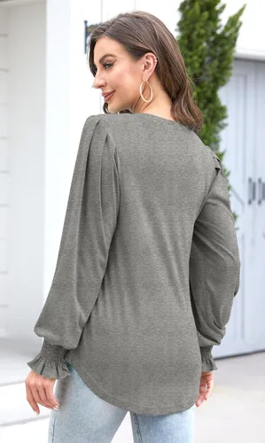 Vista 4 de RUBZOOF Blusas para mujer, cuello en V, manga abombada, ajuste holgado, para otoño, a la moda, camisas elegantes