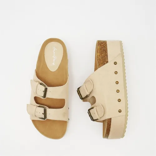 Vista 4 de Women's Cork Footbed Slides Dual Buckled Straps Platform Clogs Suede Slip-on Flatform Sandals Comfort Slippers