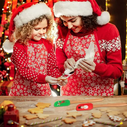 Vista 5 de 8 espátulas de silicona de Navidad con mango de madera, utensilios de raspador de pasteles navideños para hornear, con patrón de Papá Noel