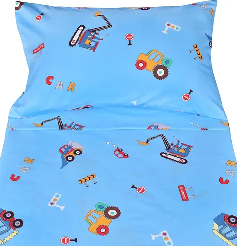 Vista 3 de J-pinno Cars Vehicles Digger - Juego de sábanas para niños pequeños, 100 % algodón, 3 piezas, de dibujos animados, sábana encimera y funda