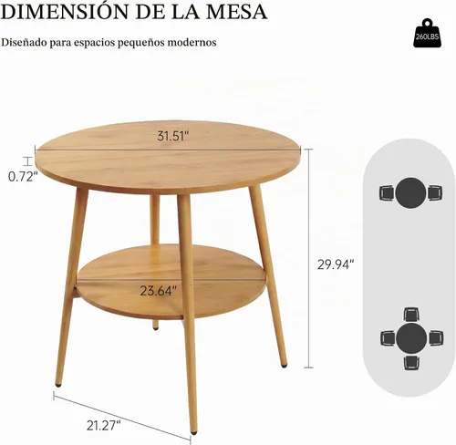 Vista 2 de HIPIHOM Farmhouse Round Oak Dining Table, 31.5 Inch Steel Legs for 2-4