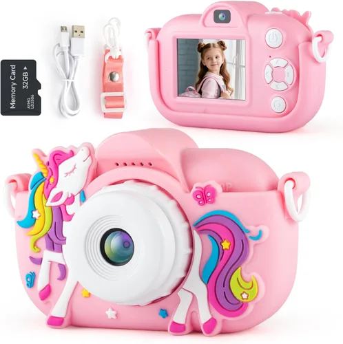 Vista 5 de Cámara infantil para niñas y niños, juguetes de regalo, cámara para niños pequeños con juegos, cámara digital para selfie de doble lente HD de 48 MP