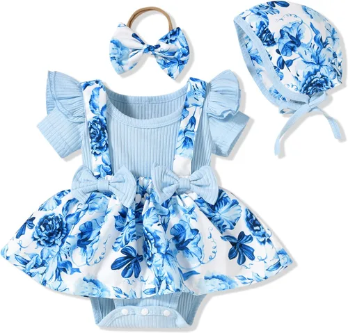 Vista 15 de Unutiylo Conjunto de ropa para bebé recién nacida prematuro con tirantes y mangas cortas con volantes Albaricoque