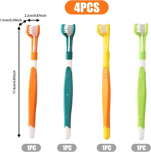 Vista 5 de Cepillo de dientes para perros, cepillo de dientes de 3 caras, 4 cepillos de dientes de triple cabeza para perros para el cuidado dental con cerdas