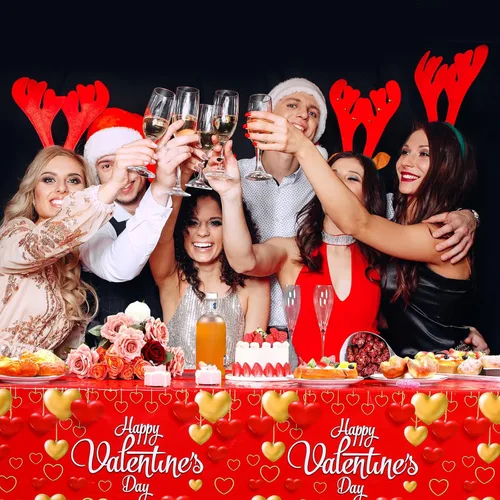 Vista 6 de WovWeave Mantel de plástico de 3 piezas de San Valentín, diseño de corazón rojo y dorado, para el Día de San Valentín, desechable, rectangular