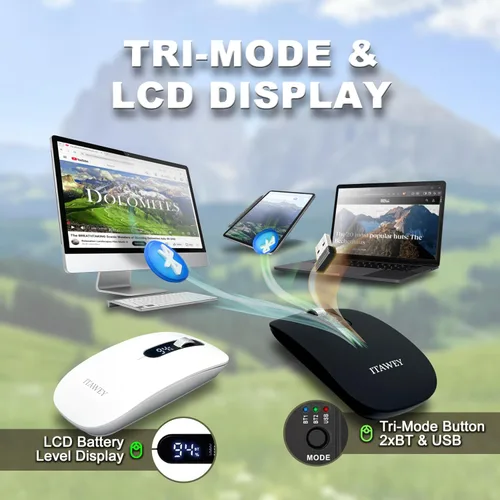 Vista 2 de Combo de mouse y almohadilla Bluetooth Dual BT/2.4G, indicador de batería LCD