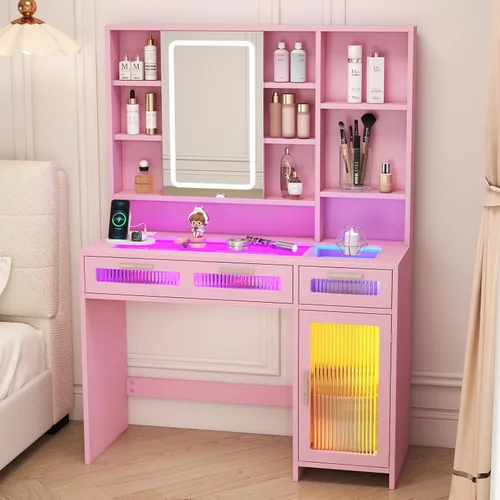 Vista 11 de Hadulcet Escritorio pequeño de tocador de 35.5 pulgadas con espejo y luces
