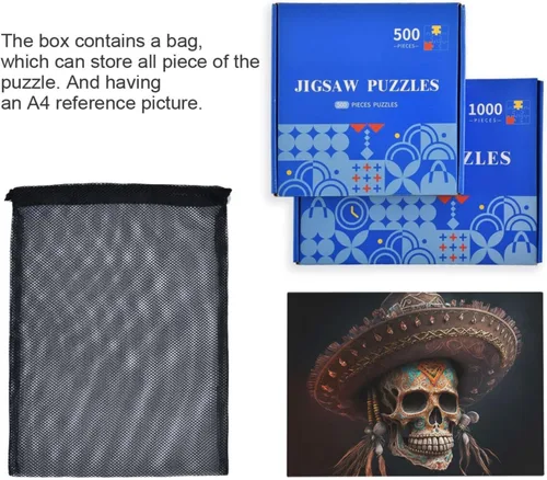 Vista 7 de Rompecabezas de madera de 1000 piezas con estampado de sombrero de calavera, ZZcon bolsa de almacenamiento de partición del alfabeto, fácil