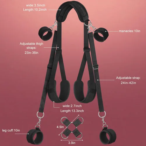 Vista 6 de Eslinga mejorada de cuello a muñeca, correas ajustables para piernas y esposas para parejas adultas SM, restricciones sexis para correas de cama