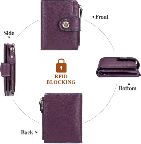 Vista 4 de FALAN MULE Cartera pequeña para mujer, de piel auténtica, plegable, compacta, pequeña, con bloqueo RFID, Púrpura, Casual