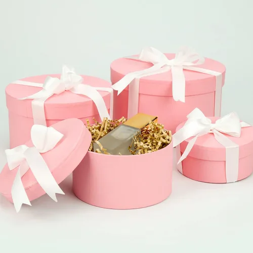 Vista 4 de Cajas de regalo anidadas de lujo, color rosa con tapas, paquete de 4, cinta pequeña de 17 pies para dama de honor, San Valentín, día de la madre