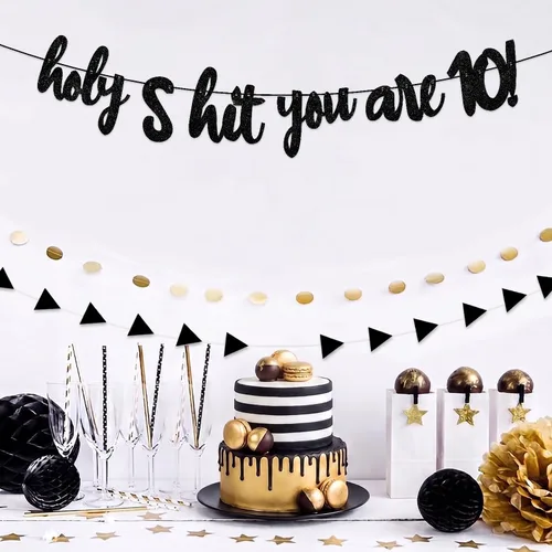 Vista 6 de Holy S*ht You are 10! Banner Backdrop Glitter Black Hello 10 Cheers to 10 Years Old Theme Decor Decorations for Boy Girl Happy 10th Birthday Party