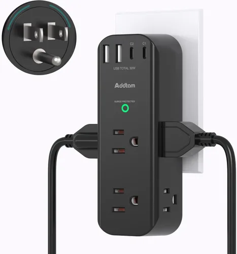 Vista 5 de Addtam Extensor de salida protector de sobretensiones con enchufe giratorio, 6 salidas de CA y 3 puertos USB, regleta de alimentación de pared
