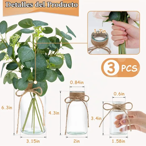 Vista 4 de Jarrones de vidrio vintage para flores, juego de 3 jarrones transparentes para centro de mesa de boda estilo granja, botella cilíndrica