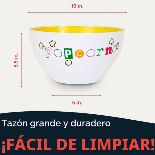 Vista 3 de Popcorn Fun Time Bowl – Tazón de plástico para palomitas de maíz de 6 cuartos con impresión colorida – Plato de aperitivos de noche de cine