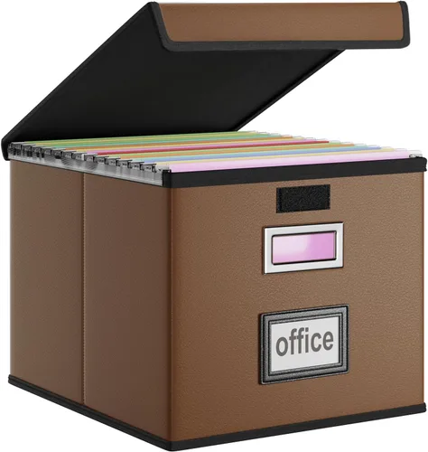 Vista 62 de Caja organizadora de archivos Huolewa con tapa, caja organizadora de carpetas de archivos colgantes de cuero sintético plegable con deslizadores