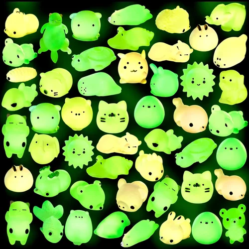 Vista 9 de Outee 16 piezas de juguetes Mochi Mini Mochi animales juguetes que brillan en la oscuridad, juguetes para aliviar el estrés, juguetes a granel, gato