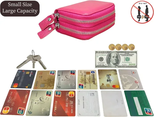 Vista 59 de Cartera de cuero para mujer, con doble tarjeta, tarjetero con cremallera, múltiples compartimentos, bloqueo RFID C-W-1, Rosado, Talla única