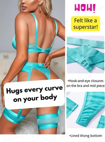 Vista 135 de Kaei&Shi - Lencería con liguero para mujer, conjunto de encaje traslúcido y sexy de 4 piezas combinadas