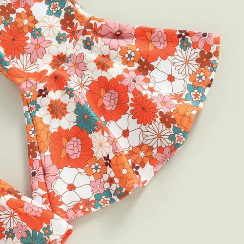 Vista 5 de YOKJZJD Conjunto de camiseta de manga corta con estampado floral arcoíris y pantalones acampanados para niñas pequeñas