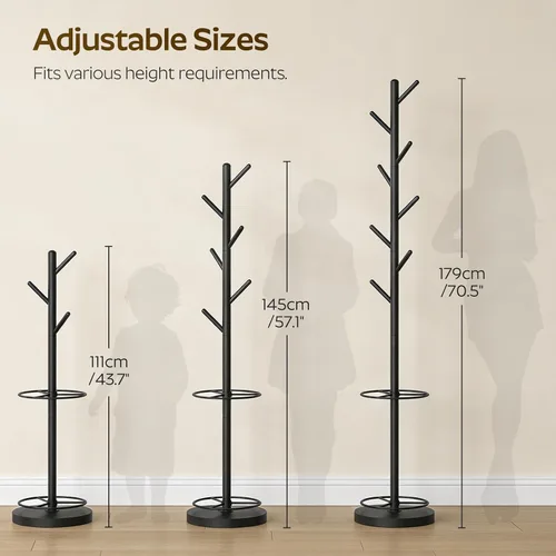 Vista 3 de Perchero independiente con soporte para paraguas, perchero con 8 ganchos, árbol de abrigo resistente para entrada, perchero moderno, soporte