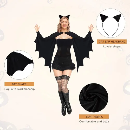 Vista 4 de Disfraz de Halloween de ala de murciélago para mujer, disfraz de murciélago para adultos con diadema