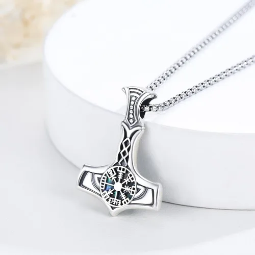 Vista 4 de Mjolnir Collar de plata esterlina S925 Vegvisir Thors Hammer Neckalce Viking nórdico nórdico collares regalos para hombres niños, Plata esterlina