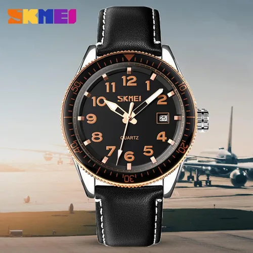 Vista 7 de SKMEI Men Watches Black Leather Band Sports Large Big Face Luxury Waterproof Luminous Fashion Dress Casual Analog Quartz Chronograph Father Gifts