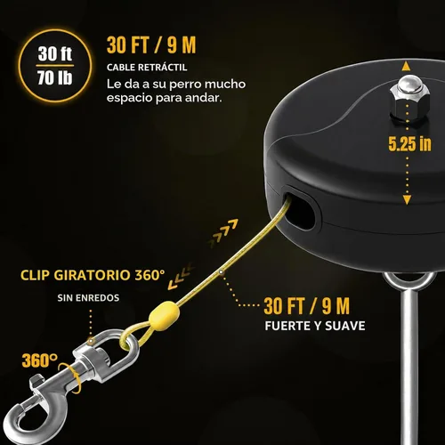 Vista 7 de Cable retráctil de 30 pies y estaca para perros, correa sin enredos para entre 10 y 90 libras, carrete retráctil de plomo de perro de 360° para Negro