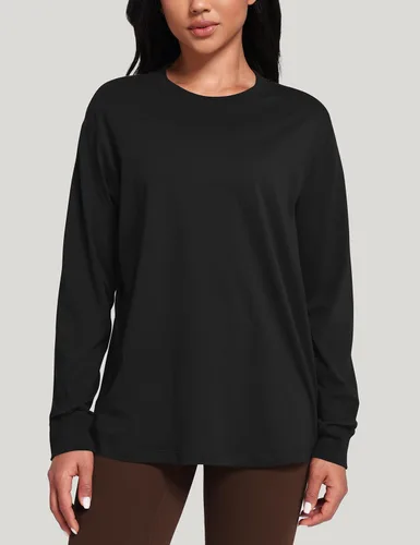 Vista 3 de HeyNuts - Camisas de manga larga para mujer de algodón Pima para entrenamiento, cuello redondo, atléticas, básicas, casuales